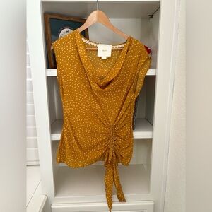 Maeve Anthropologie Top 0 Mustard Yellow Silk Polka Dots Draped Neckline Tie